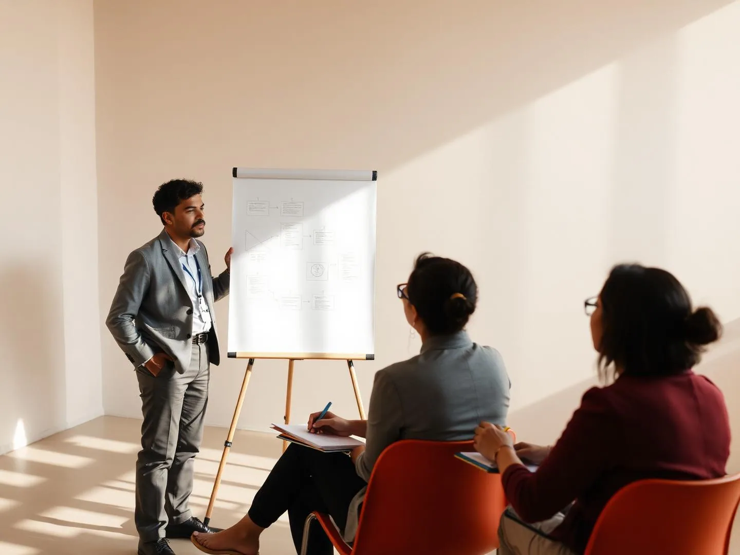Facilitadora guiando a un pequeño grupo frente a un tablero de trabajo en una sala luminosa.