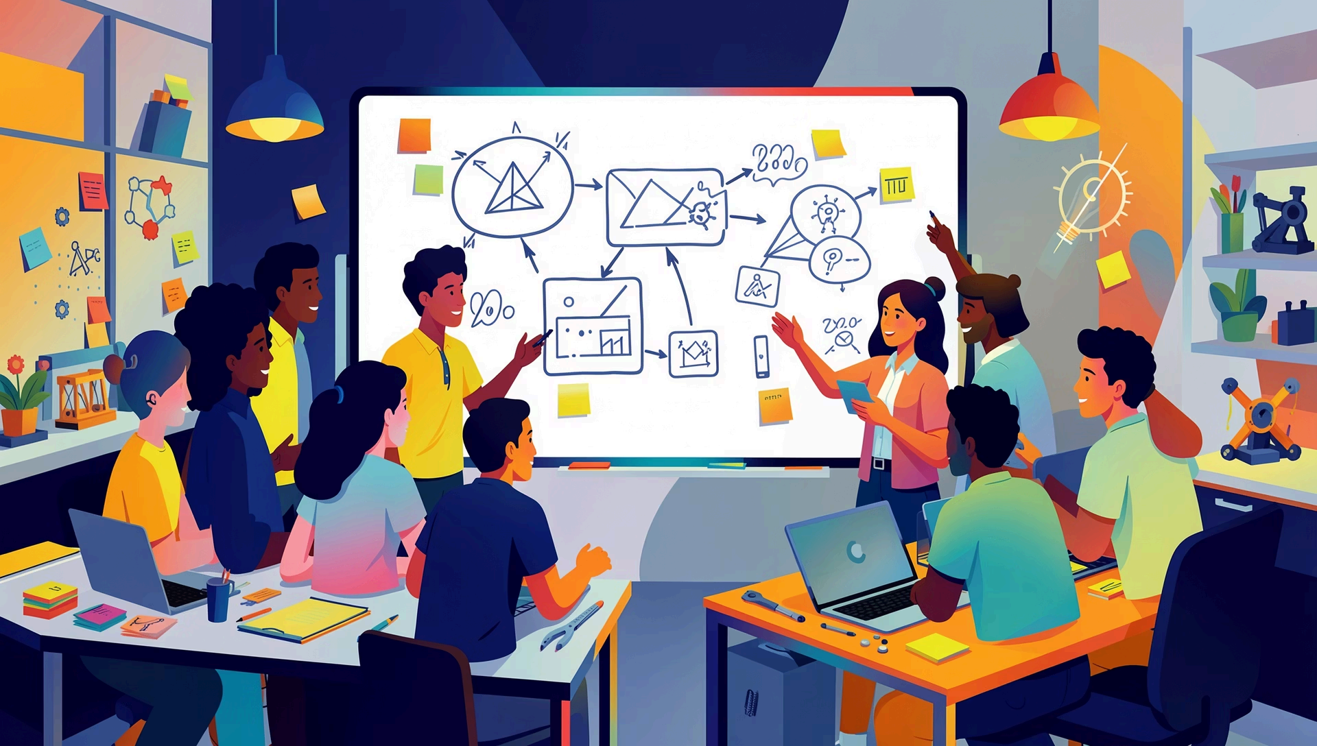 Equipo de innovación trabajando en pizarrón