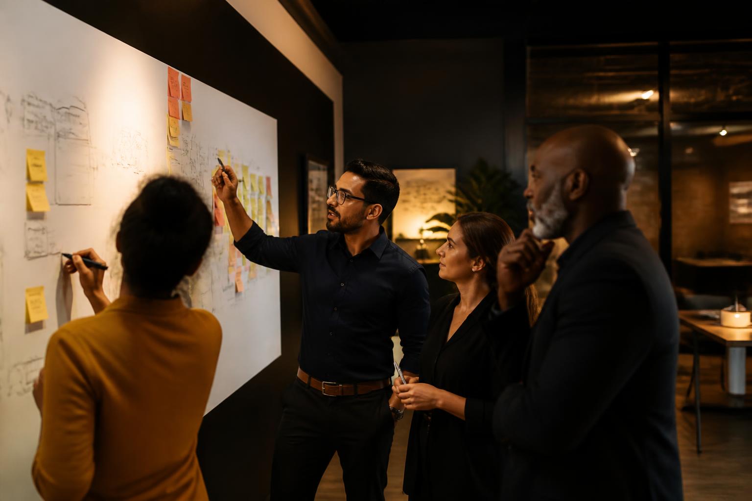 Equipo ejecutivo diverso analizando notas y diagramas en un pizarrón durante una sesión de trabajo
